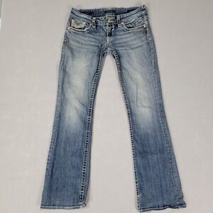 Vigoss Womens Blue Bootcut Jeans Distressed Embellished Low Rise Size 7/8